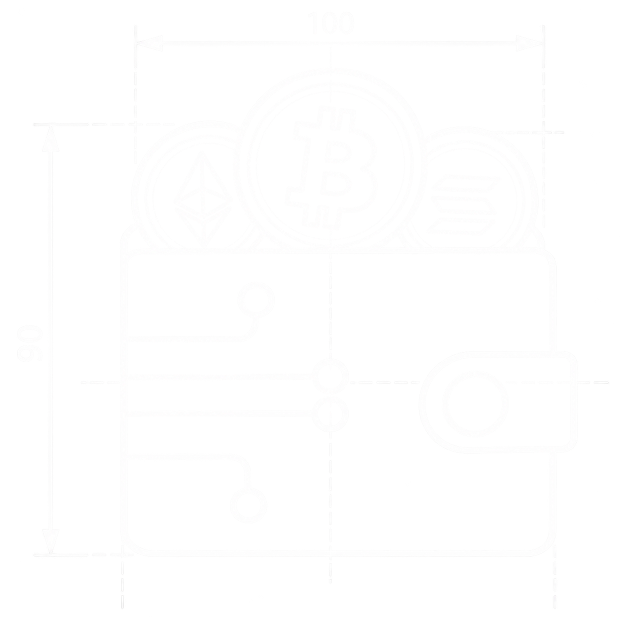 Blueprint drawing of a wallet holding Bitcoin, Ethereum and Solana coins